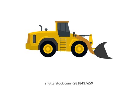 Heavy wheel loader construction vehicle vector illustration. Industrial yellow tractor digger side view isolated on white background.
