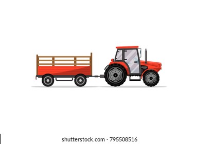 Heavy wheeled tractor with trailer isolated icon. Agricultural machinery for field work vector illustration. Rural industrial farm technics, comercial transport.