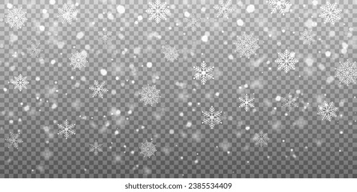 Heavy white snowfall with falling snowflakes isolated on transparent background for   Christmas and happy new year banner, vector illustration.