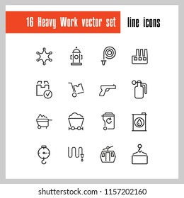 Heavy work icons. Set of line icons. Miner, sapper, police. Heavy work concept. Vector illustration can be used for topics like hazardous industry, occupation, danger.