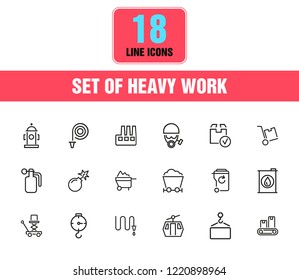 Heavy work icons. Set of line icons. Miner, sapper, police. Heavy work concept. Vector illustration can be used for topics like hazardous industry, occupation, danger.