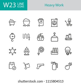 Heavy work icons. Set of twenty line icons. Miner, sapper, police. Heavy work concept. Vector illustration can be used for topics like hazardous industry, occupation, danger.