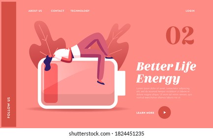 Heavy Work Landing Page Template. Tired or Haggard Businesswoman Character Lying on Huge Battery with Low Red Charging Level. Overload Employee Working from the Last Force. Cartoon Vector Illustration