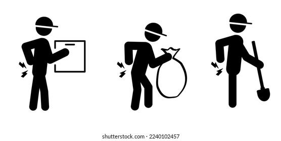 Schwerarbeit. Ärztliche Beschwerden, Körperschmerzen. Cartoon-Sticker, Strichmännchen, der den Rücken hält, schmerzte. Backache Symptom Symbol. Rückenschmerzen. Menschen, Rheumatismus, chronische Rückenschmerzen