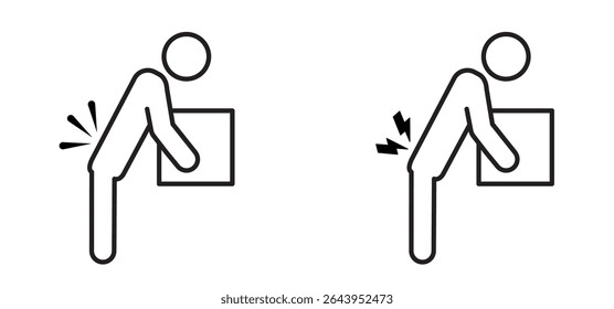 Heavy work. Medical complaints, body part pain. Cartoon stickman, stick figure man holding his back hurt. Backache symptom symbol. Back medical back pain. human, rheumatism, chronic back pain