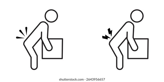 Heavy work. Medical complaints, body part pain. Cartoon stickman, stick figure man holding his back hurt. Backache symptom symbol. Back medical back pain. human, rheumatism, chronic back pain