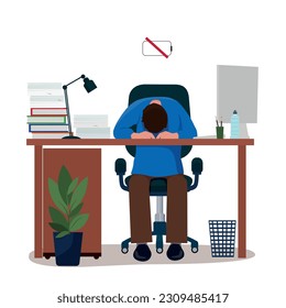 Heavy workload at work. A tired employee in the office is lying on the table from fatigue. Vector illustration.