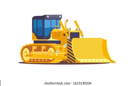 Heavy yellow crawler bulldozer with bucket. Construction equipment for various earthworks. Side and front view. Vector illustration in flat style on isolated white background.