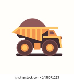 heavy yellow dumper truck with coal industrial machine production useful minerals mine professional equipment mining transport concept flat horizontal