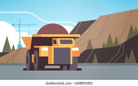 heavy yellow dumper truck professional equipment working on coal mine production mining transport concept opencast stone quarry background flat horizontal