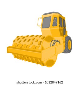 Heavy yellow machines Road Roller asphalt concrete compactor highway road construction work equipment object icons isolated on white background, build road repair vehicles, Vector illustration