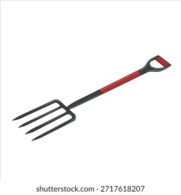 Schwere Garten Pitchfork Vektorkunst mit scharfen Zinken und einem langen roten Griff. Ideal für Landwirtschaft, Kompostierung und landwirtschaftliche Illustrationen.