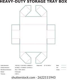 Heavy-duty storage tray box blueprint template design showing dimensions and specifications for manufacturing a robust cardboard packaging solution