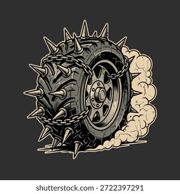 Ein Hochleistungsreifen, der mit scharfen Spitzen bedeckt und mit Metallketten umwickelt ist und eine Rauchwolke aussendet.