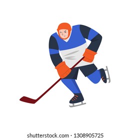 Heavyset hockey player in a blue uniform and a protective mask with a stick in motion