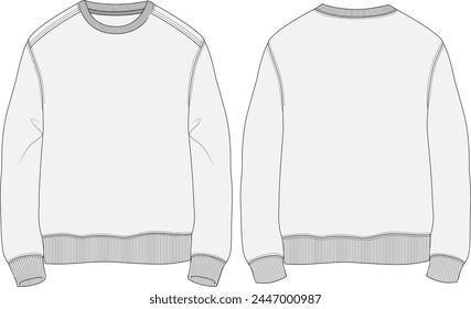 Heavyweight crewneck sweatshirt cotton fleece technical fashion illustration design template with ribbed cuffs, regular fit and long sleeves front and back view