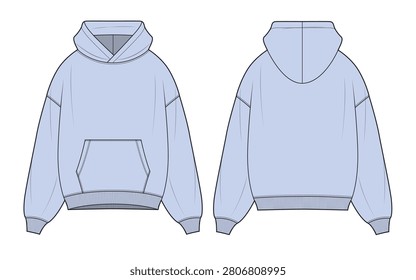 Heavyweight hoodies front and back view flat drawing vector design mockup template.