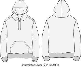 Schwergewicht Pullover Kapuzenpullover Sweatshirt Baumwollfleece Technische Mode Illustration Design-Vorlage mit Tasche, normaler Passform, langen Ärmeln und Rippen.