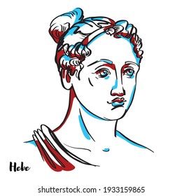 Hebe engraved vector portrait with ink contours on white background. In ancient Greek religion, is the goddess of youth or the prime of life.