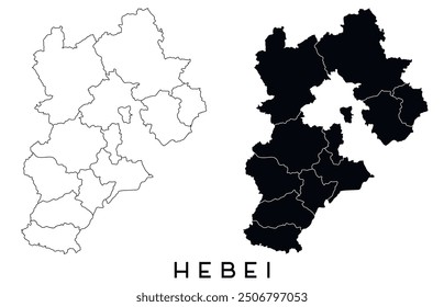 Hebei map of regions districts vector black on white and outline
