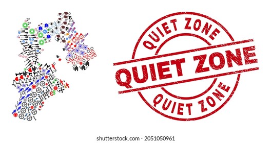 Hebei Province map collage and Quiet Zone red circle seal. Quiet Zone seal uses vector lines and arcs. Hebei Province map mosaic includes markers, homes, lamps, suns, people, and more icons.