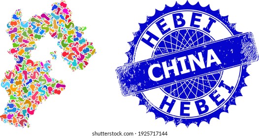 Hebei Province map vector image. Spot collage map and unclean badge for Hebei Province. Sharp rosette blue stamp seal with caption for Hebei Province map.