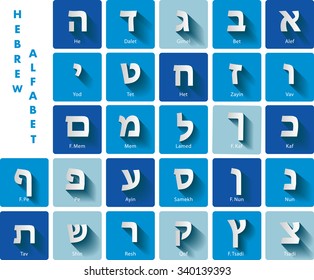 Hebrew alphabet - jewish letters on round corners square buttons