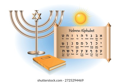Alfabeto hebraico em um rolo de papel e menorá. Cultura judaica. Ilustração de arte vetorial