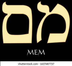 Hebrew letter mem, thirteenth letter of hebrew alphabet, meaning is water, gold design on black background, vector alefbet