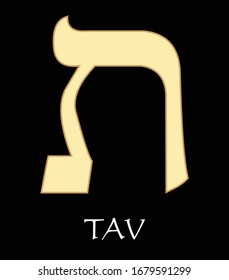 Hebrew letter tav, twenty-second letter of hebrew alphabet, meaning is eternity, gold design on black background, vector alefbet