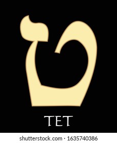 Hebrew letter tet, ninth letter of hebrew alphabet, meaning is womb, gold design on black background, vector alefbet