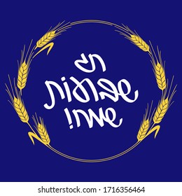 Hebrew Lettering for Happy Shavuot. Handwrite vector illustration for the Jewish holiday of Shavuot. Wheat gold round frame greeting card