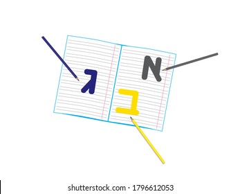 Hebrew letters and colored pencils on open notebook. Translation - The first 3 letters in the Hebrew abc