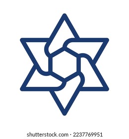 Hebrew Magen David star twists into the center in hexagram shape in outline style vector illustration with editable stroke