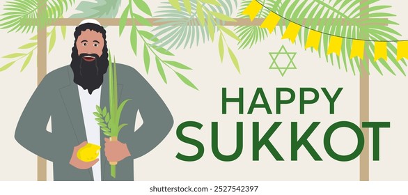 Hebrew man with etrog, lulav. Sukkah illustration. Happy Sukkot banner