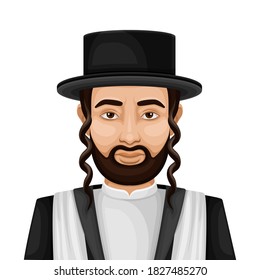 Hebrew Man with Side-locks Dressed in Black Suit Vector Illustration