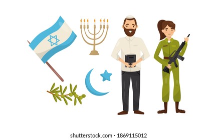 Hebrew Man with Torah and Golden Menora as Traditional Attribute of Israel Vector Set