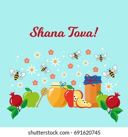 Hebrew new year greeting card. Honey, apple, pomegranate, bees, flowers. Rosh Hashana greeting card. Vector illustration.