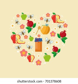 Hebrew new year. Rosh Hashana greeting card. Traditional symbols in a heart shape. Pomegranate, honey, apple, flowers, bees. Vector illustration.