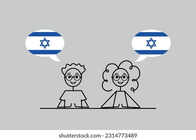 hebrew speakers, cartoon boy and girl with speech bubbles in Israeli flag colors, learning hebrew language vector illustration