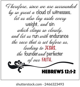 Hebrews 12:1-2 Since we are surrounded by great cloud of witnesses, look to Jesus author of faith Bible verse of christian wisdom vector image