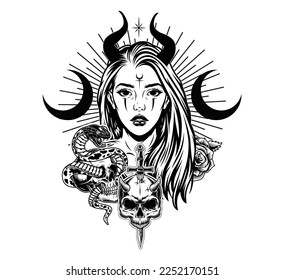 Hecate Goddess Witch with snake ancient Greek mythology hand drawn black and white isolated