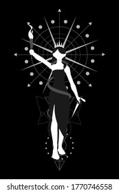 Hecate is the Greek goddess of moonlight, magic and witchcraft.
Isolated image on a black background with a geometric pattern.