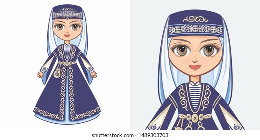 hechen national costume. Girl in ethnic clothes of Chechnya. Chechen national costume. Girl in ethnic clothes Caucasus. Chechnya Russia. Beshmet, caftan, cherkeska, raiment, papaha,habiliment dress