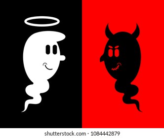 Heck and Angel. White and black ghost. Evil spook with horns and Nimbus.