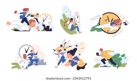 Hectic pace of life. Hurried people chase to clock, pressured time person busy managers rush run or late in office hurry work marathon deadline concept, classy vector illustration