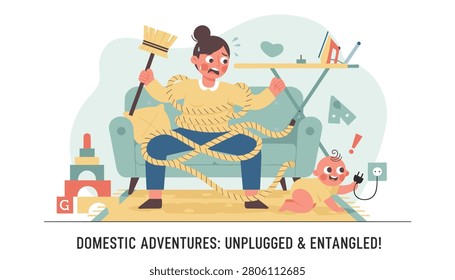 Hectic scene of a frantic mother tangled in ropes holding a broom on the couch while her baby plays dangerously with a power plug.