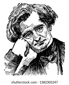 Hector Berlioz, 1803-1869, he was a French romantic composer, famous for his compositions Symphonie fantastique and Grande messe des morts, vintage line drawing or engraving illustration