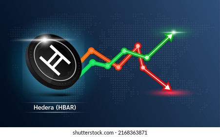Hedera coin black. Cryptocurrency token symbol with stock market investment trading graph green and red. Economic trends business concept. 3D Vector illustration.