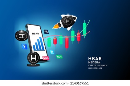 Hedera coin with spaceship flying leave smartphone to the sky and stock chart. App for trading crypto currency in stock market. Mobile banking cryptocurrency. 3d Vector illustration. 